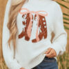 White Embroidered Bow Boots Graphic Drop Shoulder Sweater