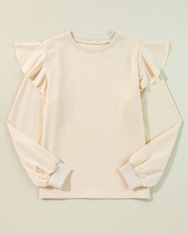 Jet Stream Solid Color Ruffled Shoulder Long Sleeve Blouse