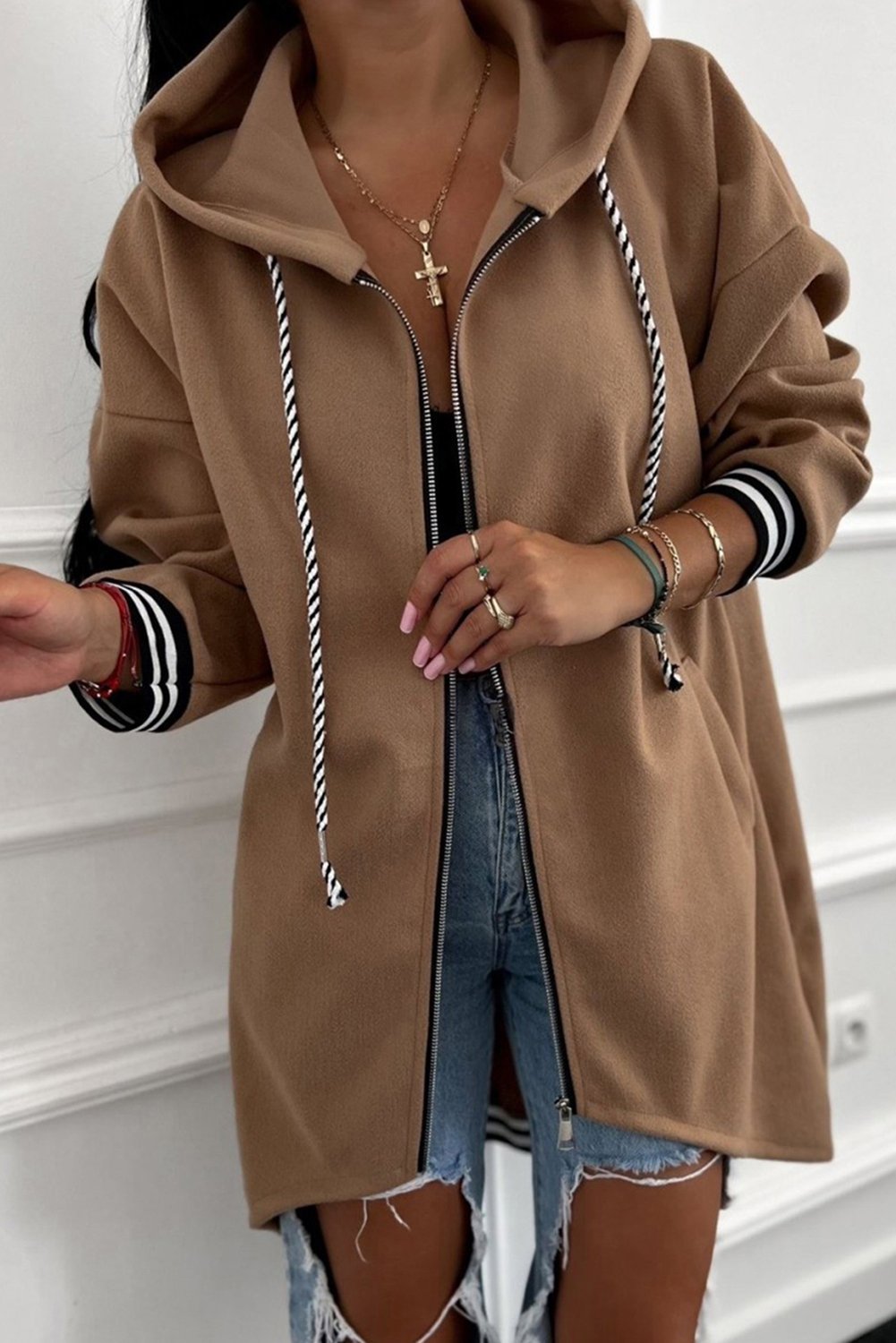 Dark Khaki Contrast Cuffed Drop Shoulder Zip up Tunic Hoodie - Image 2