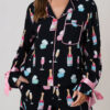 Light Pink Christmas Wine Glass Print Bow Knot Two Piece Pajama Set