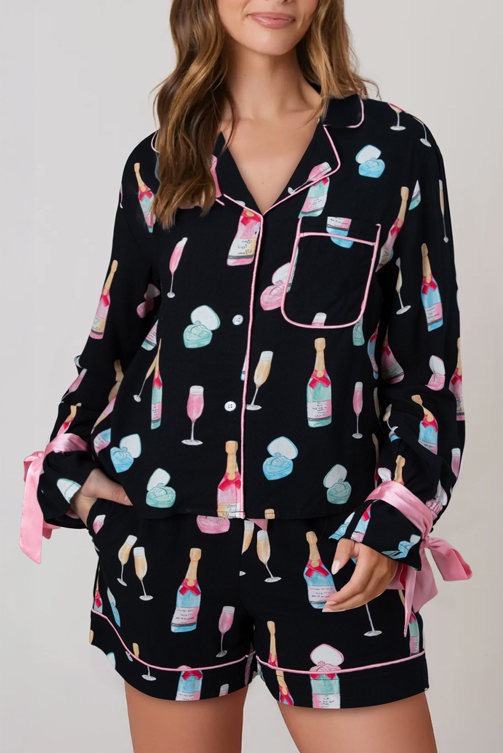 Light Pink Christmas Wine Glass Print Bow Knot Two Piece Pajama Set - Image 7