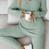 Grass Green Ribbed Notched Neck Knit Long Sleeve Leggings Two Pieces Lounge Set