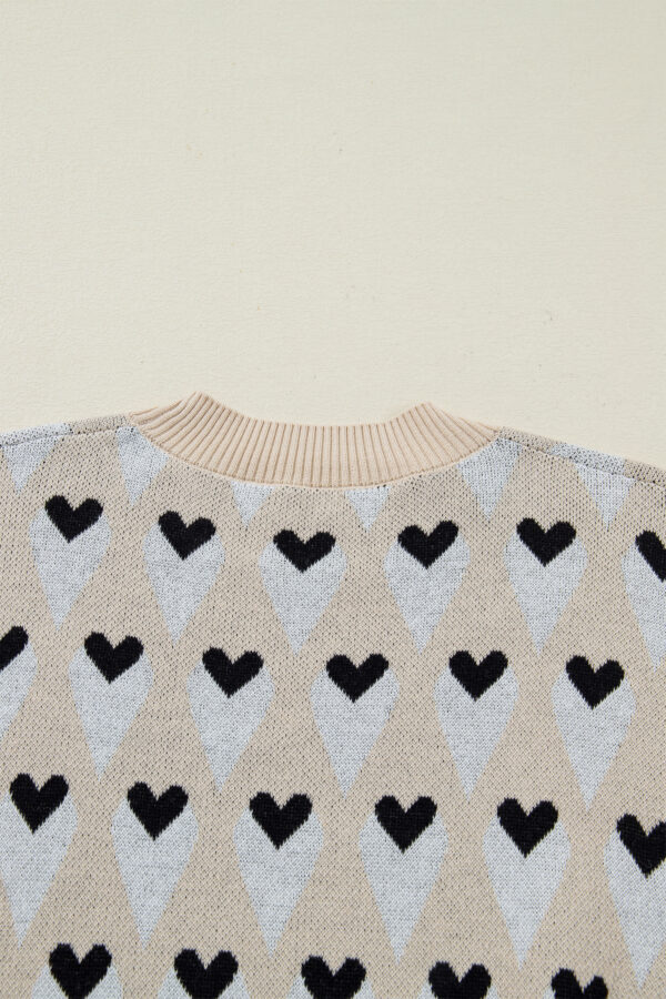 Parchment Geometric Heart Print Ribbed Trim Loose Sweater