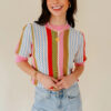 Multicolour Striped Pointelle Knit Short Sleeve Sweater