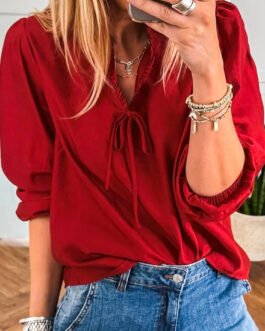 Fiery Red Solid Color Frilled V Neck Bow Detail 3/4 Sleeve Blouse