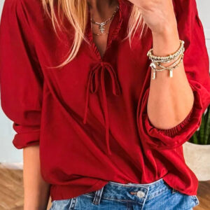 Fiery Red Solid Color Frilled V Neck Bow Detail 3/4 Sleeve Blouse