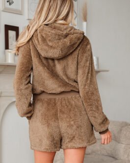 Parchment Zip Up Hoodie Drawstring Shorts Sherpa 2pcs Outfit