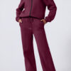 Burgundy Drop Shoulder Zip Up Jacket Drawstring Pants Active 2pcs Set
