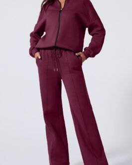Burgundy Drop Shoulder Zip Up Jacket Drawstring Pants Active 2pcs Set