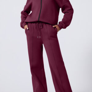 Burgundy Drop Shoulder Zip Up Jacket Drawstring Pants Active 2pcs Set