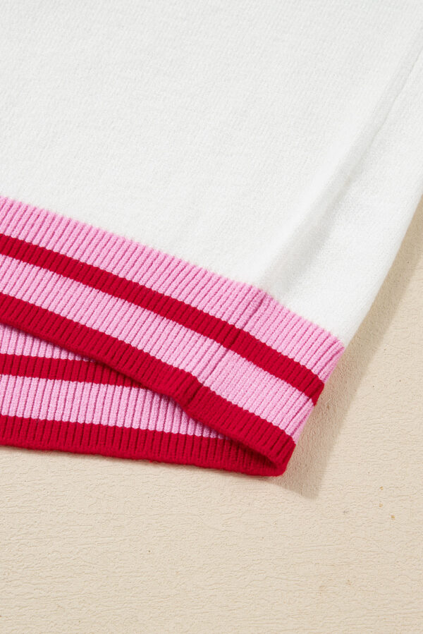 White Striped Trim Bow Graphic Round Neck Drop Shoulder Sweater