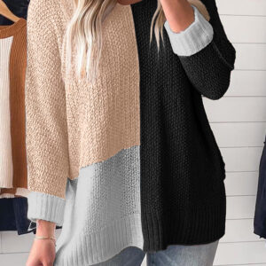 Black Color Block Knit V Neck Loose Sweater