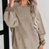 Khaki Solid Ribbed Knit Round Neck Pullover Sweatshirt