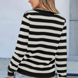 White Stripe Chic Golden Button Cardigan Sweater
