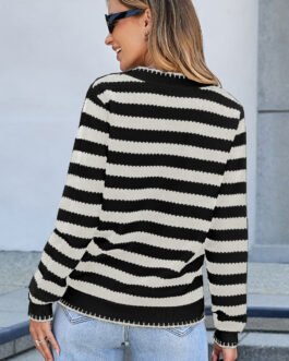 White Stripe Chic Golden Button Cardigan Sweater