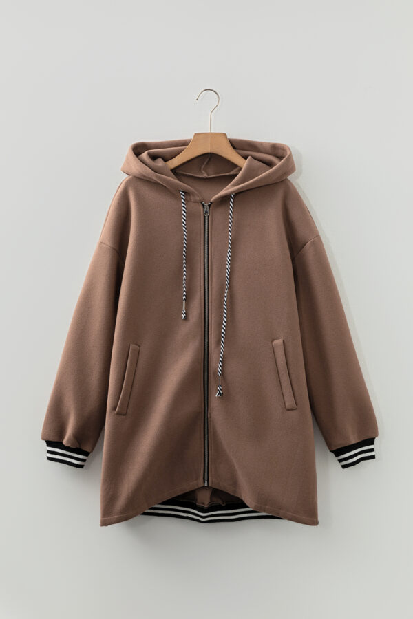 Dark Khaki Contrast Cuffed Drop Shoulder Zip up Tunic Hoodie
