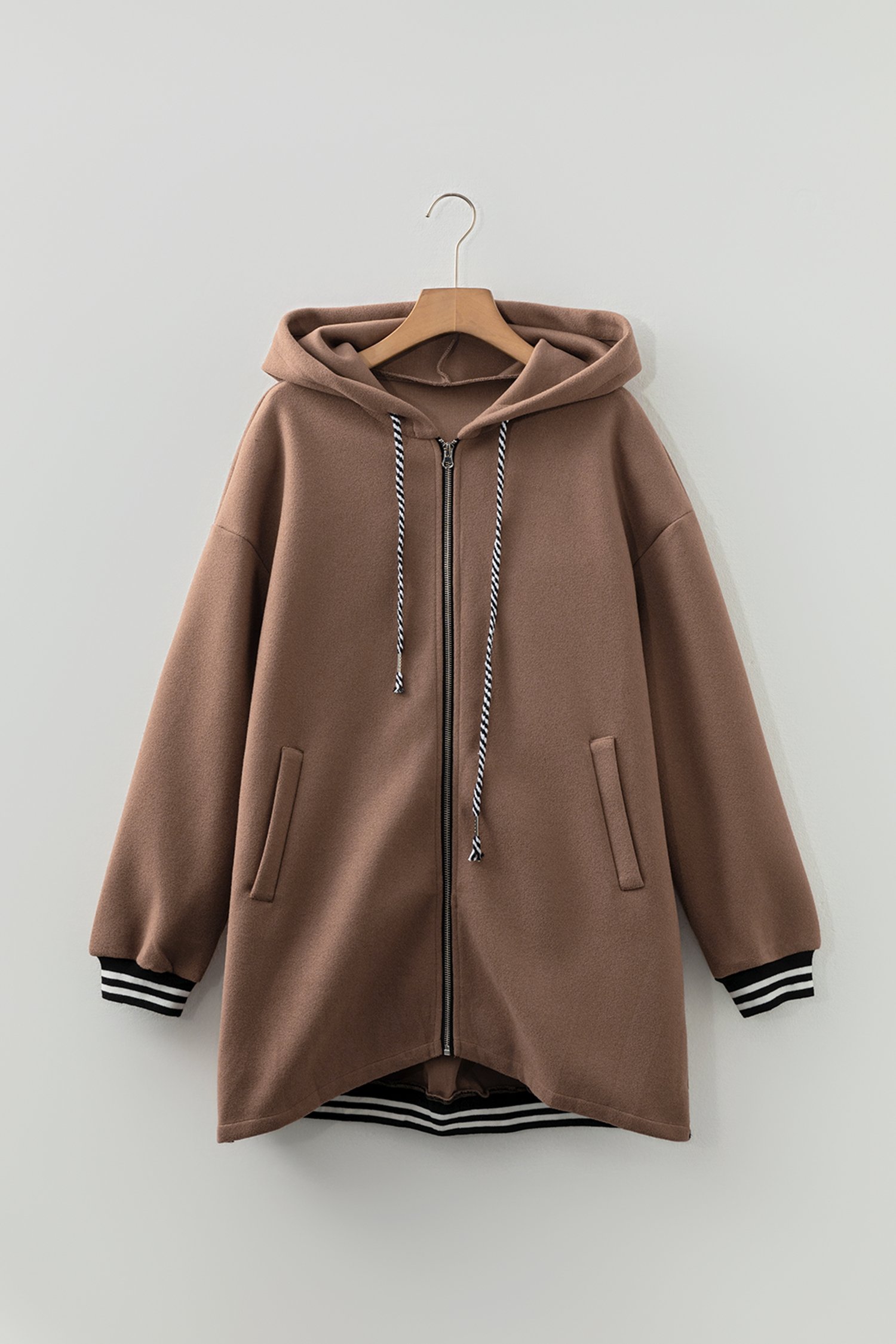 Dark Khaki Contrast Cuffed Drop Shoulder Zip up Tunic Hoodie - Image 5