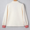 White Textured Knit Contrast Striped Accent Zipped Collar Pullover Top