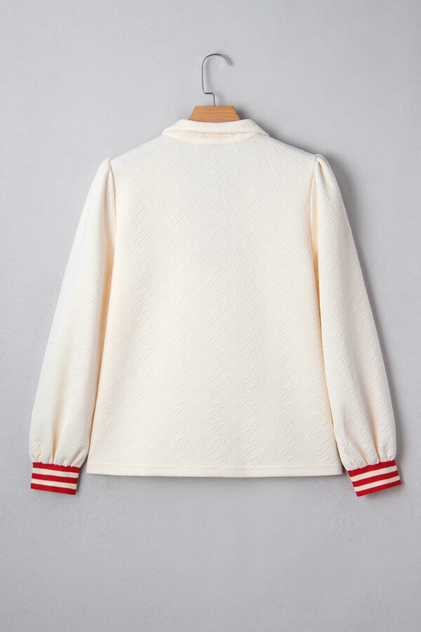 White Textured Knit Contrast Striped Accent Zipped Collar Pullover Top