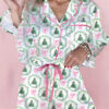 White Christmas Fashion Print Velvet Trim Bow Knot Pajama 2pcs Short Set