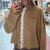 Simply Taupe Contrast Frilled Lace Trim Loose Cardigan Sweater
