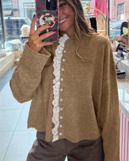 Simply Taupe Contrast Frilled Lace Trim Loose Cardigan Sweater