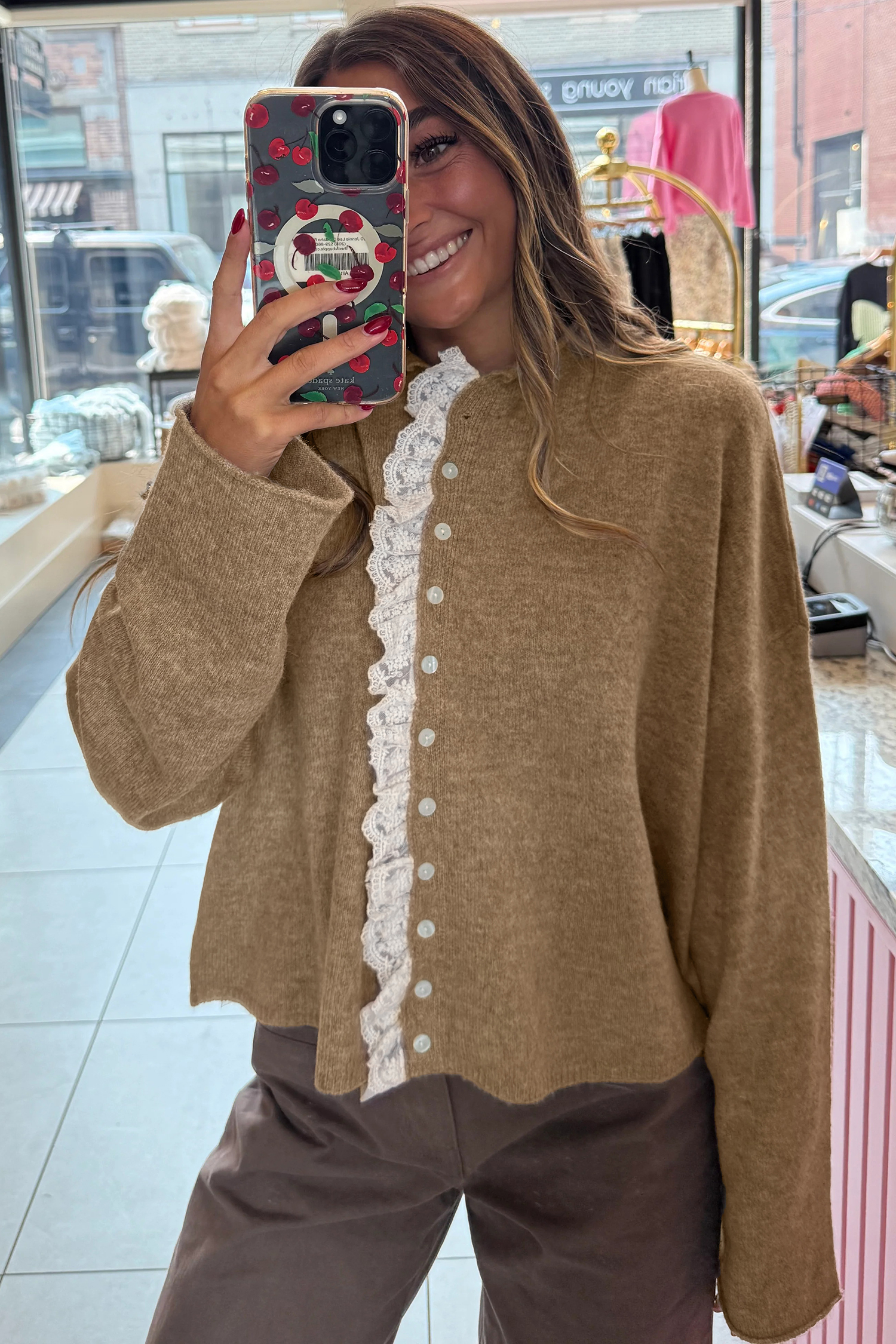 Simply Taupe Contrast Frilled Lace Trim Loose Cardigan Sweater - Image 2