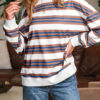 Brown Stripe Crew Neck Drop Shoulder Pullover Sweatshirt