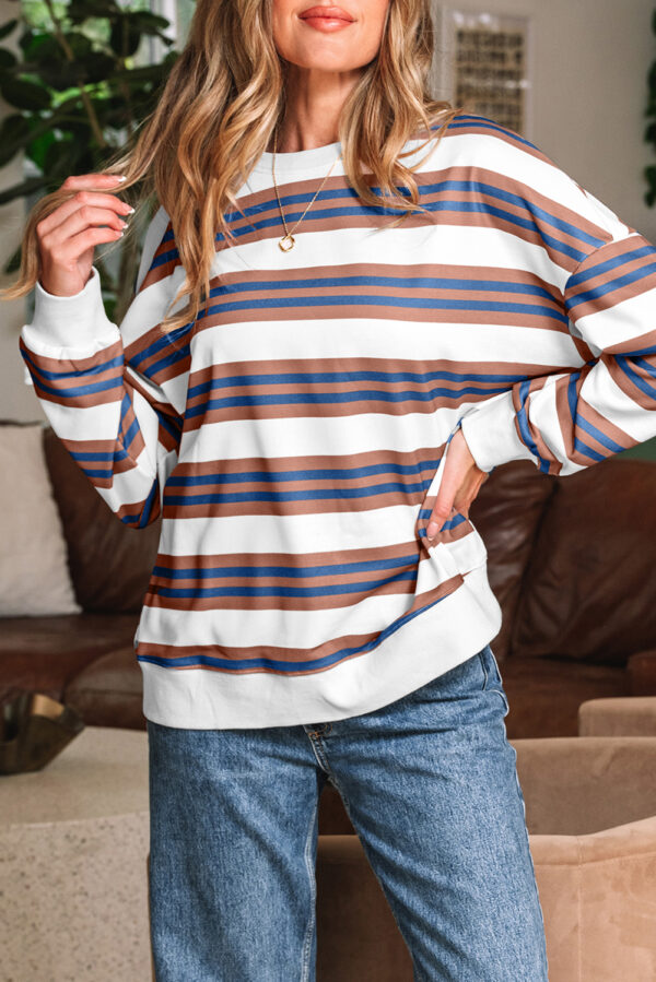 Brown Stripe Crew Neck Drop Shoulder Pullover Sweatshirt