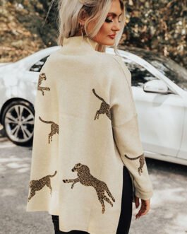 Parchment Lively Cheetah Print High Neck Split Hem Sweater