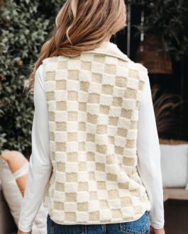 Khaki Sherpa Checkerboard Snap Button Vest Jacket With Pocket