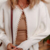White Pearl Embellished Open Front Elegant Cardigan