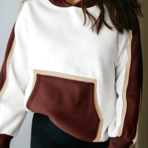 Coffee Color Block Patchwork Athleisure Hooded Sweatshirt