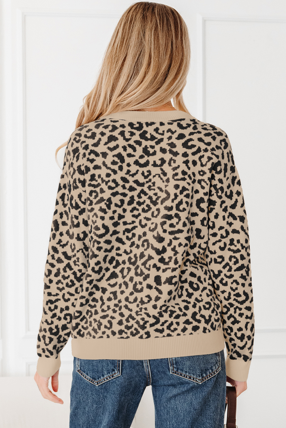 Black Leopard Drop Shoulder Chunky Knitted Cardigan Sweater - Image 2