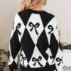 Black Bow Print 2-tone Rhombus Knit Loose Sweater