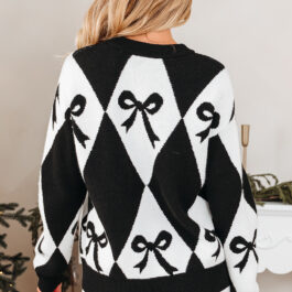 Black Bow Print 2-tone Rhombus Knit Loose Sweater