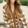Brown Checkered Sherpa Loose Knit Cardigan with Pockets