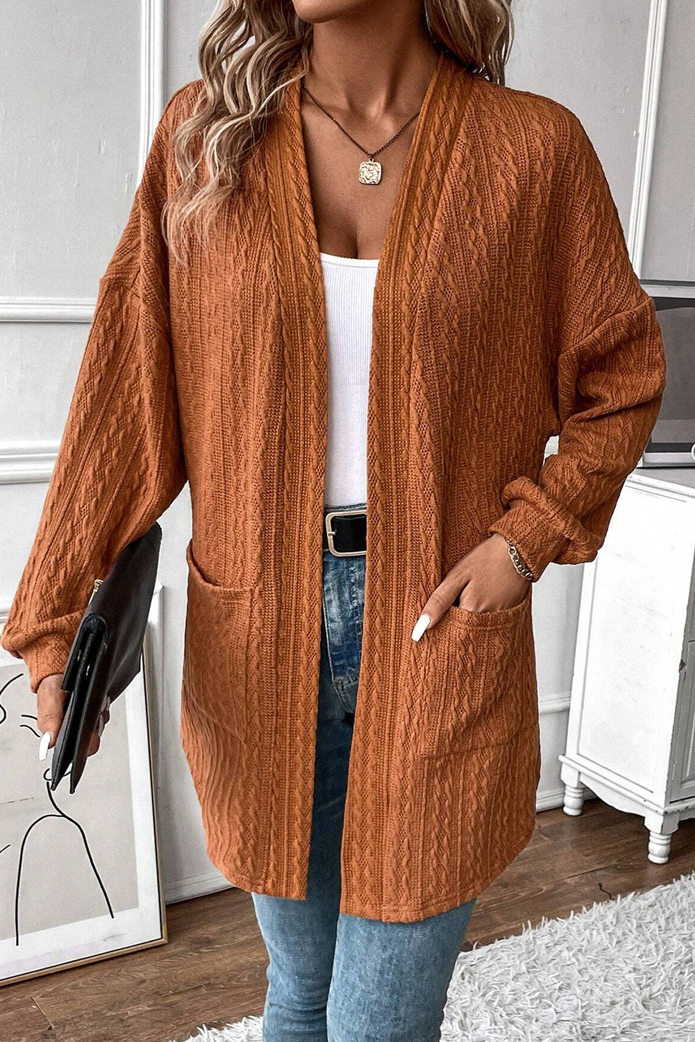 Canton Textured Knit Side Pockets Open Front Cardigan - Image 7