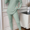 Grass Green Ribbed Notched Neck Knit Long Sleeve Leggings Two Pieces Lounge Set