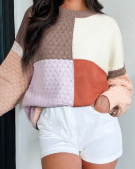 Coffee Mix Texture Colorblock Knit Baggy Sweater