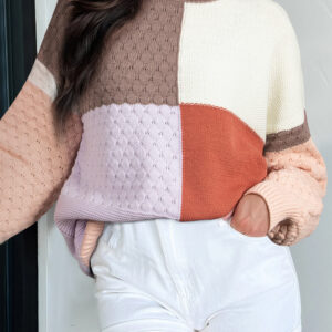 Coffee Mix Texture Colorblock Knit Baggy Sweater