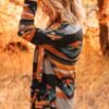 Orange Western Tribal Aztec Print Cardigan