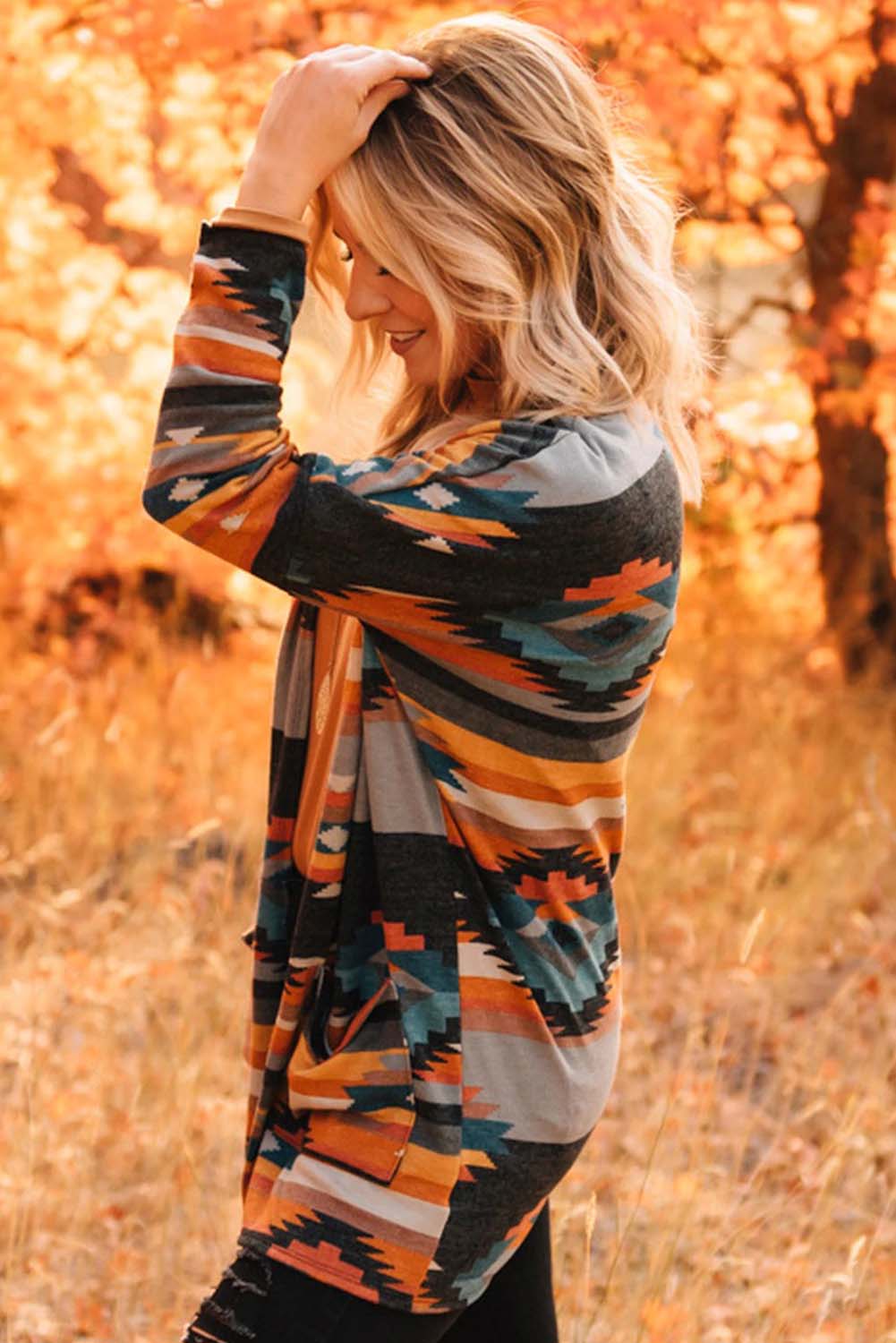 Orange Western Tribal Aztec Print Cardigan - Image 8