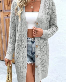 Gray Hollow Out Buttons Front Long Cardigan