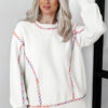 White Rainbow Stitching Balloon Sleeve Relaxed Sweater