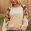 Light French Beige Aztec Patchwork Raglan Pullover Sweatshirt