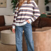 Brown Stripe Crew Neck Drop Shoulder Pullover Sweatshirt