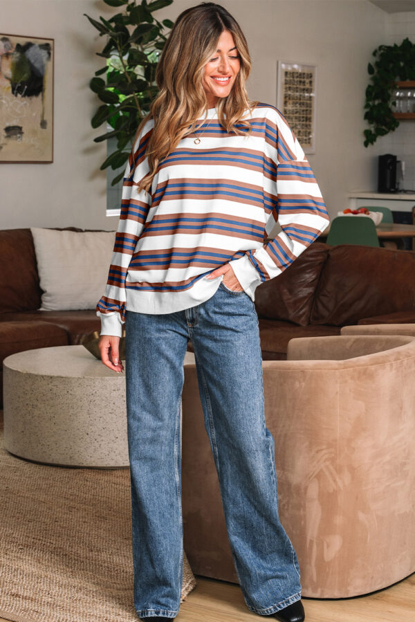 Brown Stripe Crew Neck Drop Shoulder Pullover Sweatshirt