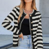 White Stripe Chic Golden Button Cardigan Sweater