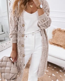 Khaki Hollow-out Openwork Knit Cardigan